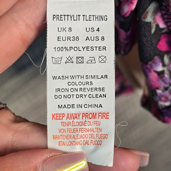 Pretty Little Thing Dress Womens Black Pink Floral Bow Slit Bodycon Cottagecore - Picture 6 of 13